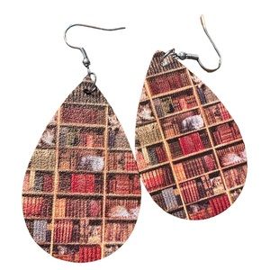 Book Shelves Library Leather Drop Earrings